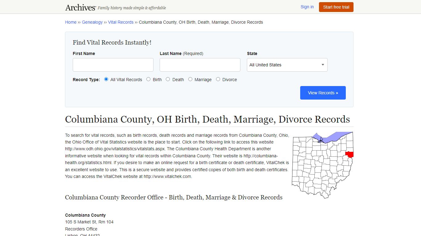 Columbiana County, OH Birth, Death, Marriage, Divorce Records